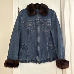 Jones New York Blue Jean Jacket with Brown Fur Trim